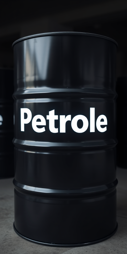 Create a high-resolution image of a black oil barrel with the word "Petrole" in luminous white text, using a Canon EOS R5 camera, 50mm lens, f/1.8 aperture, ISO 100, and a low-angle view to emphasize the barrel's height and details.