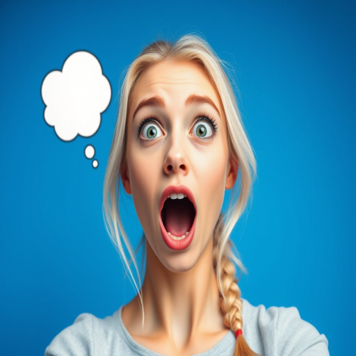 Create a high-resolution digital illustration of a surprised young blonde woman with an open mouth and a thought bubble, using a vibrant blue background, captured from a front-facing view simulating a Canon EOS 5D Mark IV with a 50mm lens, aperture set to f/2.8 for a soft background, and a slight vignette effect for added depth.
