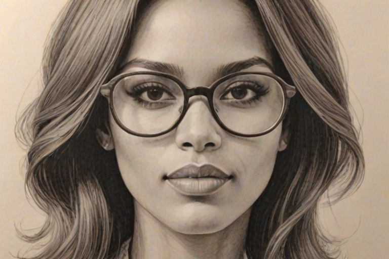 Magnificent Zo' Saldana, pencil sketch, portrait of Stunning woman 1976s in glasses, hair style beatnik, outline, clear lines, fine lines, 8k