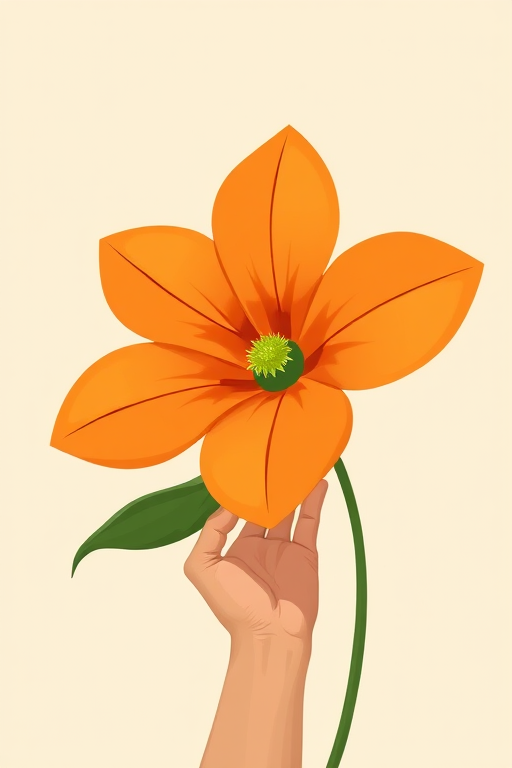 Create an artistic illustration of a large, stylized flower with an orange petal shape and a green center, held by a hand in a muted beige tone, set against a soft cream background, using a digital art style, 300 DPI, 4K resolution, with a focus on smooth lines and vibrant color contrast.