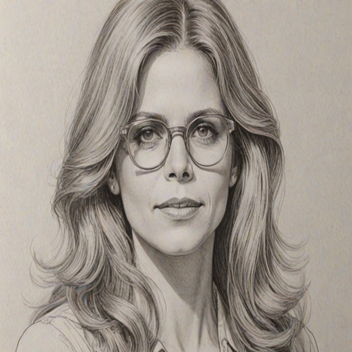 Bewitching Lindsay Wagner, pencil sketch, portrait of Beauteous woman 1973s in glasses, hair style beatnik, outline, clear lines, fine lines, 8k