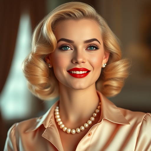 A beautiful taino woman reminiscent of 1950s Hollywood glamour, with perfectly styled blonde hair and a seductive smile, dressed in a satin blouse and adorned with pearls, soft and warm tones, photorealistic, 8K