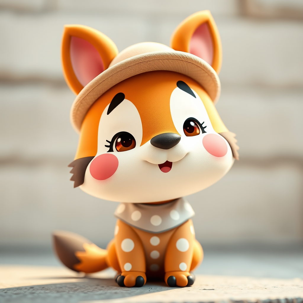 Create a cartoonish character of a cute animal with a playful expression, wearing a hat and polka-dot outfit, with a light color palette, captured with a DSLR camera at 50mm, f/2.8, 1/200s, in soft natural lighting, focusing on vibrant colors and clean lines.