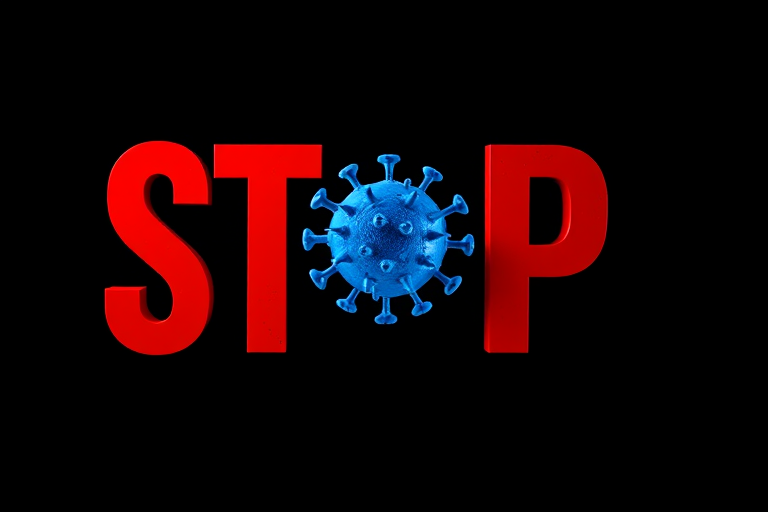 Create an artistic image featuring the word "Stop" in bold, red letters with a realistic blue virus icon in the center, captured with a DSLR camera at f/2.8 aperture, ISO 100, and a 50mm lens, using a shallow depth of field against a black background for enhanced contrast and clarity.