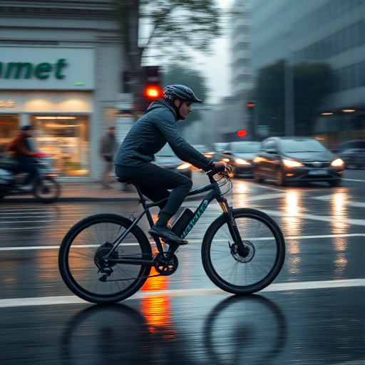 Capture a dynamic shot of a cyclist riding an electric bike through rain-slicked streets, emphasizing the motion blur of the bike, with a wide-angle lens at f/4, ISO 200, shutter speed 1/500s, taken with a DSLR camera in vibrant color settings.