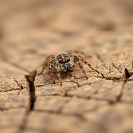 macro photograph of a small spider on a textured wooden surface, shallow depth of field, natural lighting, f/2.8 aperture, 100mm lens, ISO 200, 1/250s shutter speed, taken with a DSLR camera.