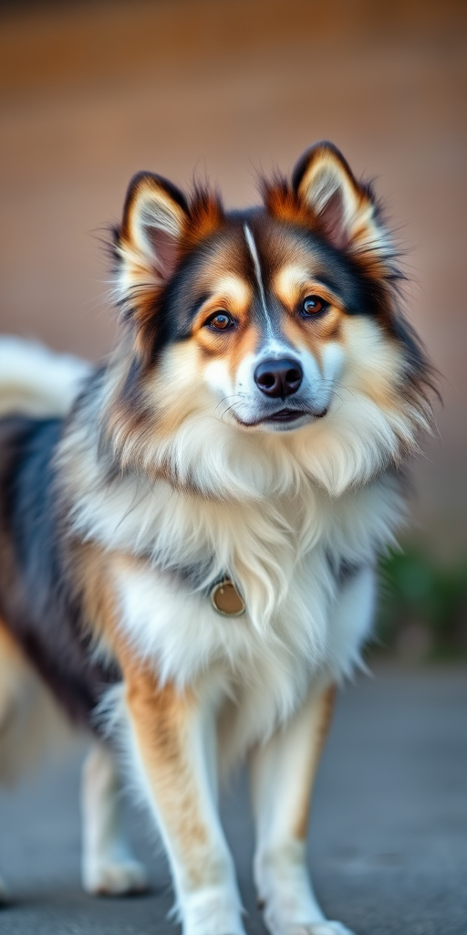Eurasian dog with fluffy fur standing outdoors in natural light, captured with a Canon EOS 5D Mark IV at f/2.8, ISO 200, 1/500s, using a 50mm lens from a low angle to emphasize the dog's face and fur texture.