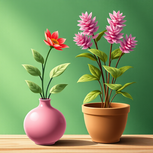 Create a high-resolution illustration of two decorative plants, one in a pink vase and the other in a brown pot, set against a textured green background, using a digital art style, with a focus on vibrant colors and smooth shading, simulating a DSLR camera with a 50mm lens, aperture at f/2.8 for depth of field, and a slight bokeh effect in the background.