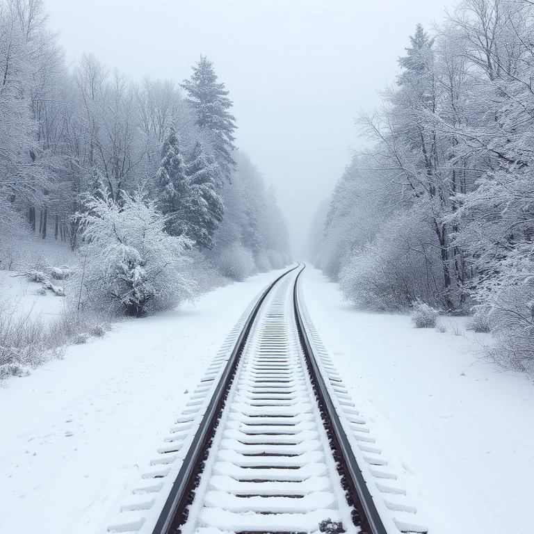 A serene winter landscape featuring a snow-covered train track surrounded by snow-laden trees, taken with a DSLR camera at f/8 aperture, ISO 100, 50mm lens, in a wide-angle view to capture the depth of the scene.