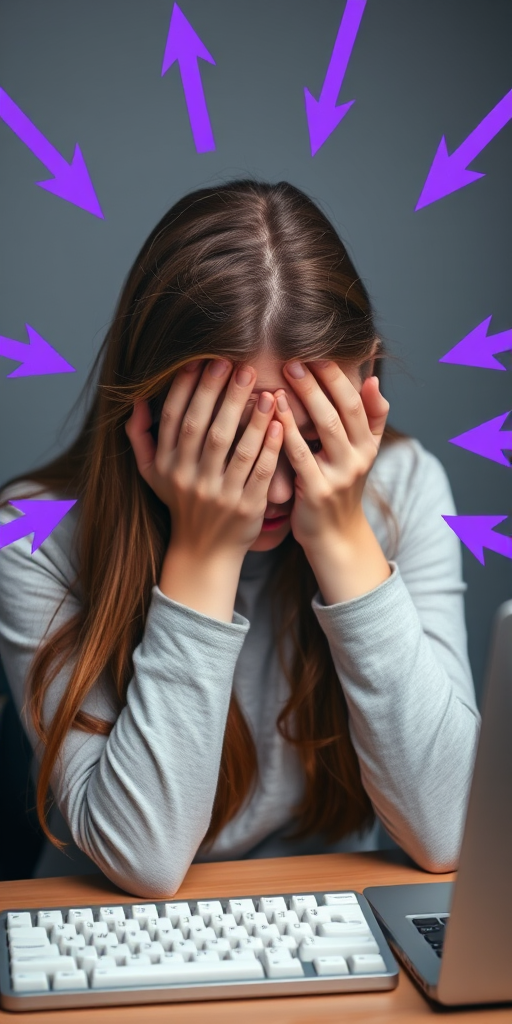 Create an image of a young woman with long brown hair, sitting in front of a keyboard, covering her face with her hands, showing emotions of distress due to cyberbullying, surrounded by purple arrows pointing at her, using a DSLR camera with a focal length of 50mm, aperture set to f/2.8, ISO 100, and a soft focus background to enhance the subject.