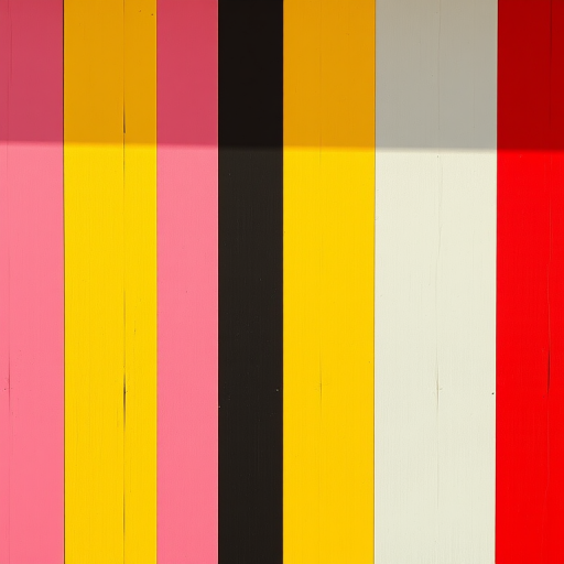 Create an abstract image with vertical stripes in vibrant colors like pink, yellow, black, and red, captured using a DSLR camera with a 50mm lens, aperture f/2.8, ISO 200, 1/60s shutter speed, in natural lighting for enhanced color saturation and clarity.