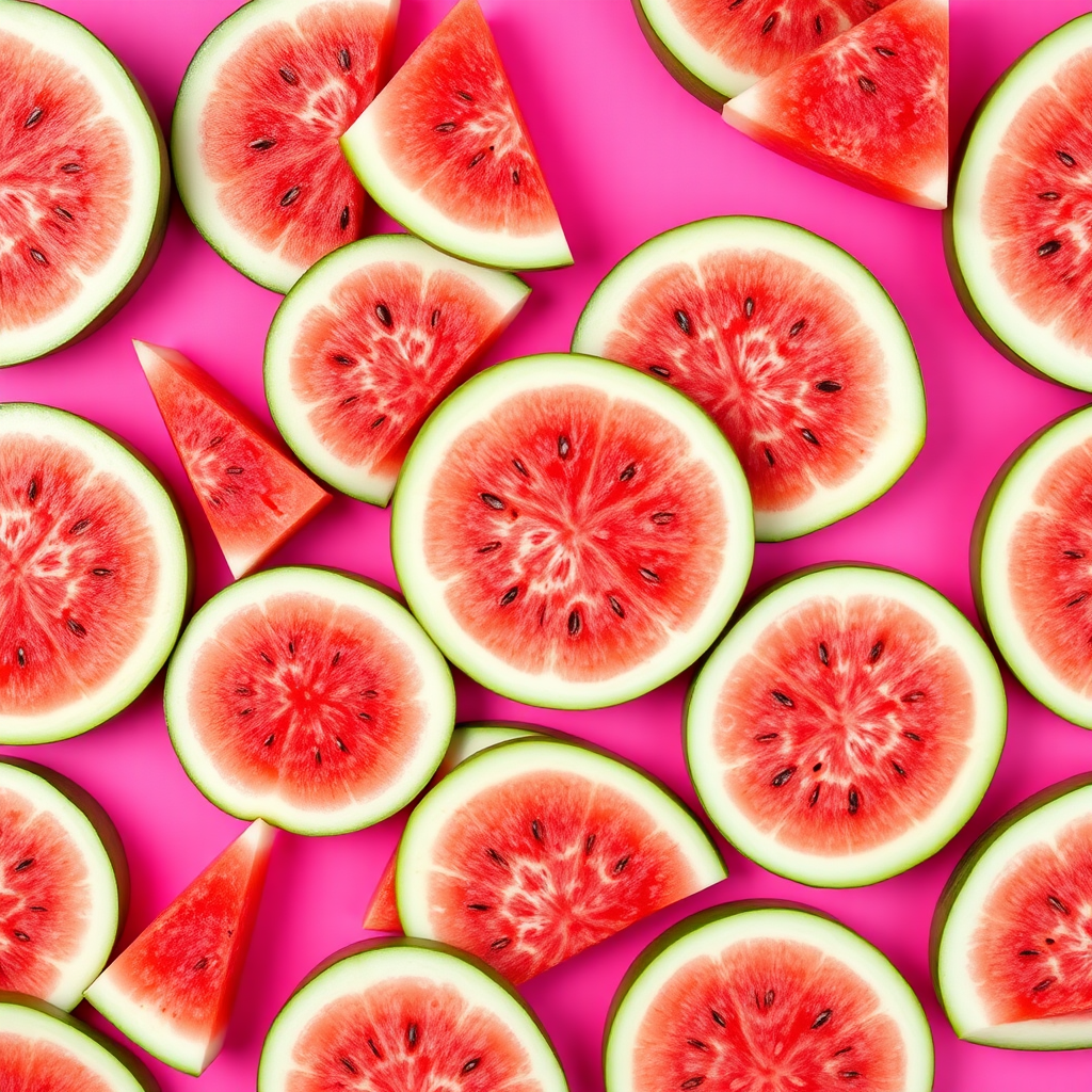 Create a seamless pattern of watermelon slices on a vibrant pink background with a high-resolution camera at 24mm focal length, aperture f/8, ISO 100, top-down view, using a digital SLR camera for sharpness and clarity.