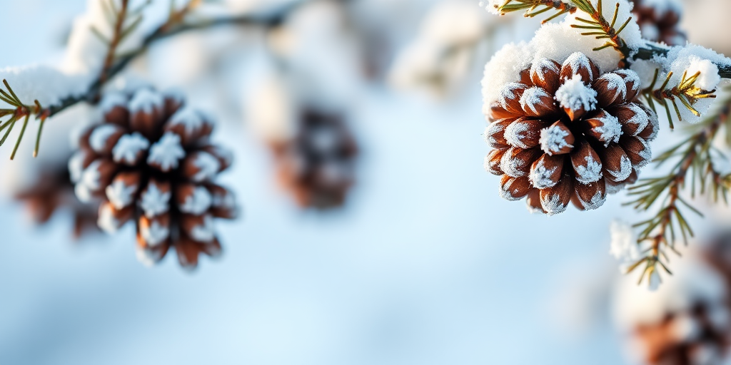 frosted pinecones on branches with snow, soft focus, macro lens, f/2.8 aperture, 50mm lens, natural light, shallow depth of field, ISO 100, light blue background
