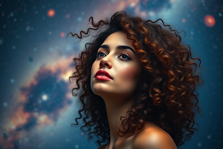 Regenerate a cosmic portrait of a woman with voluminous curly hair, set against a vibrant galaxy background, using a Canon EOS R5 with an 85mm f/1.2 lens, aperture set to f/1.4, ISO 100, and a soft-focus, high dynamic range photography style.