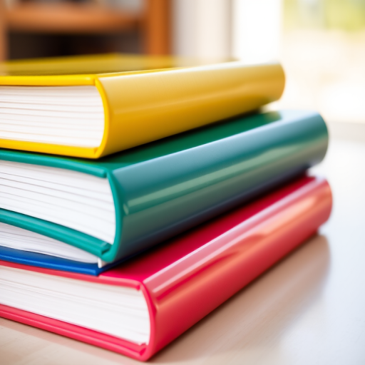 Create a high-resolution image of a stack of three colorful books with a glossy finish, captured from a slight top-down angle using a DSLR camera, with a 50mm lens, aperture set to f/2.8, ISO 100, and natural lighting for enhanced vibrancy.
