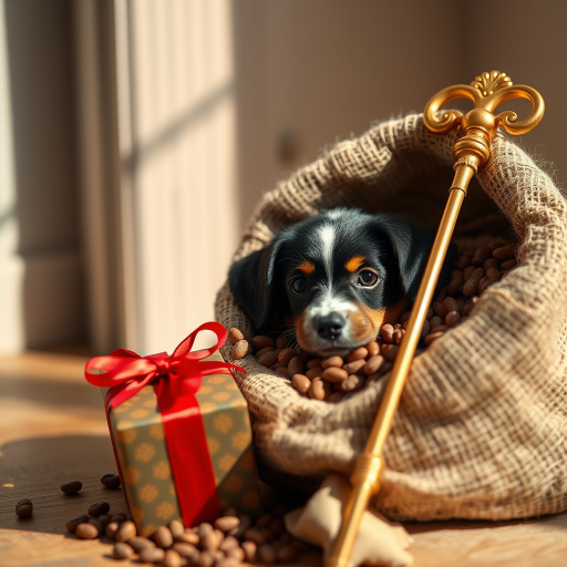 Create an image of a burlap sack filled with pet food, next to a small gift box wrapped with a red ribbon and a golden staff leaning against it, using a Canon EOS R5, 50mm lens, f/2.8 aperture, ISO 100, with soft natural lighting and a shallow depth of field to focus on the textures.