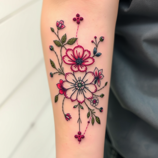 Embroidery-inspired tattoo titled "Stitched Memories" featuring delicate floral patterns and personal symbols rendered to mimic the texture and dimension of embroidered fabric, incorporating subtle color gradients and strategically placed white highlights for a 3D effect