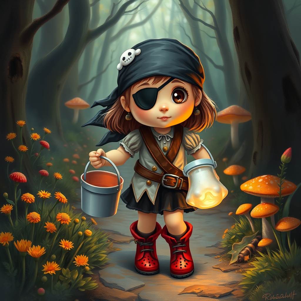 ultra detailed, photo realistic, painterly, of a little girl pirate, patch over one eye, black bandana over hair, walking and carrying an white ghost bucket and a lantern in the other hand, with bright red croc shoes, background path in the enchanted forest, wildflowers, colorful mushrooms misty hues of black and orange with bright gold glitter, ultra detailed
