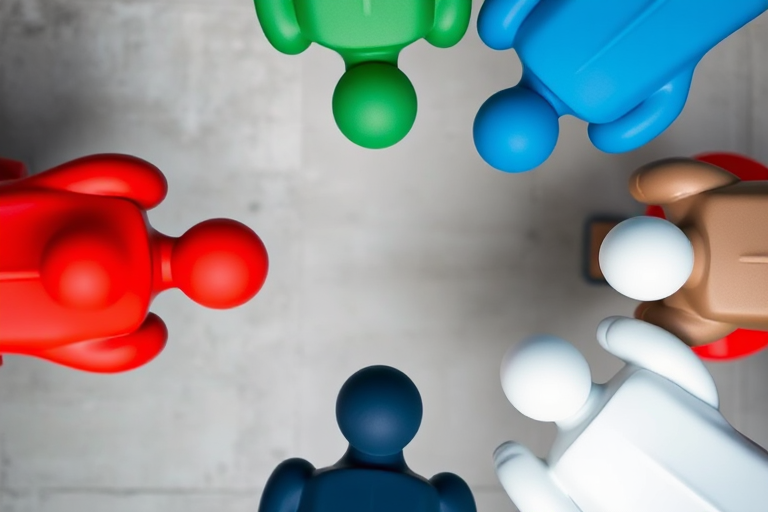 Create an image of four stylized human figures in a circular arrangement, each representing a different color (red, green, blue, and white), shot with a DSLR camera at f/8, ISO 100, 24mm lens, overhead view, using a soft focus background to enhance the figures' prominence.