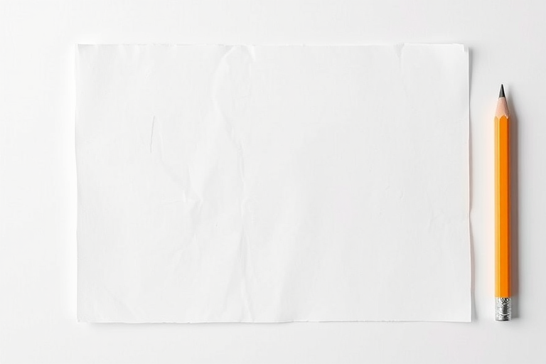 Create a high-resolution illustration of a blank sheet of paper with a sharpened pencil next to it, using a DSLR camera with a 50mm lens, aperture set to f/2.8, ISO 100, in a well-lit studio setting to enhance clarity and detail.
