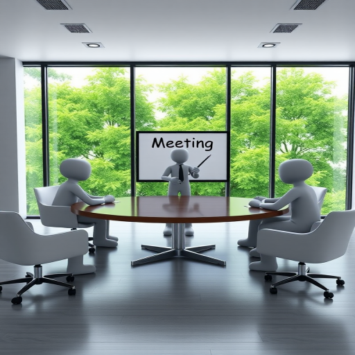Create a modern conference room scene with five stylized 3D figures seated around a circular table, one figure presenting at a whiteboard titled 'Meeting,' large windows with a vibrant green view, soft natural lighting, camera type DSLR, aperture f/2.8, ISO 100, focal length 35mm, wide-angle view.