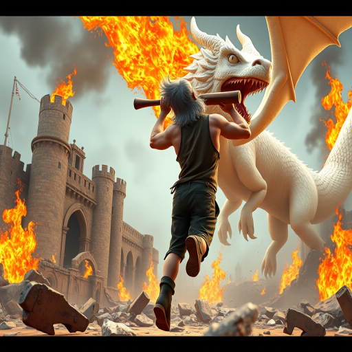 Cartoon 3D High-Resolution,dynamic battle scene using Unreal Engine 5 and Octane Render. The scene features back of an elderly, thai man with a beard,messy hair and round golden-rimmed glasses. He is wearing a tattered tank top with soot marks, shorts, and sandals. sweating. he wields a baseball bat. He jump to fight with a white fire-breathing Europe dragon amidst a partially destroyed stone castle. Include intense flames, smoke, and debris to enhance the dramatic effect.