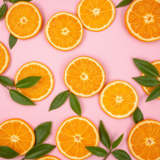 Create a high-resolution image of fresh orange slices scattered on a soft pink background with green leaves, using a DSLR camera with a 50mm lens, aperture set to f/1.8, shutter speed 1/200s, ISO 100, and a top-down view to enhance depth and texture.