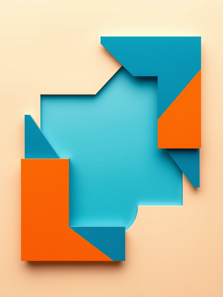 Create an abstract design featuring vibrant colors of orange, blue, and light beige with geometric shapes forming a border around a central area, captured with a DSLR camera at f/8 aperture, ISO 100, 50mm lens, in a flat lay style for a clean, high-quality look.