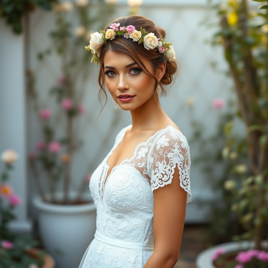 Garden scene, bridal model, delicate lace gown, floral headpiece, soft romantic focus, high-key lighting and an 85mm lens for soft, even tones that highlight the model’s face and bright outfit against a white or light background