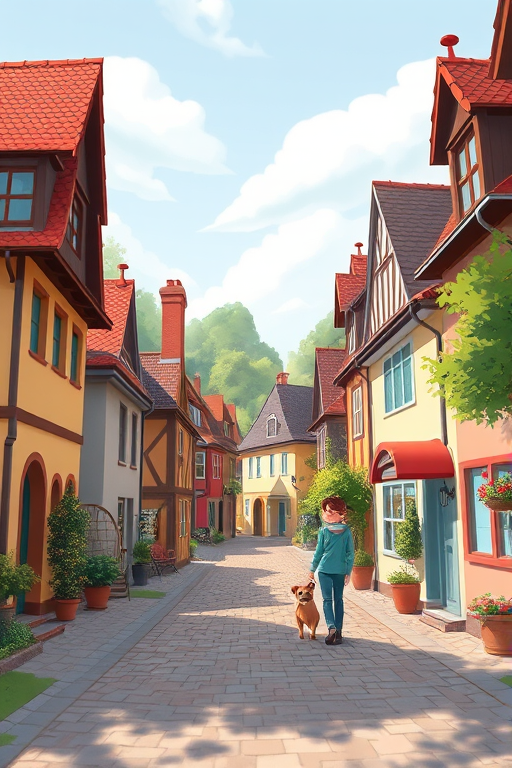 Generate a digital illustration of a quaint village scene with cartoon-style houses and a person walking a dog, using a wide-angle lens, f/8 aperture, ISO 200, 24mm focal length, and a soft focus effect to enhance colors and depth.