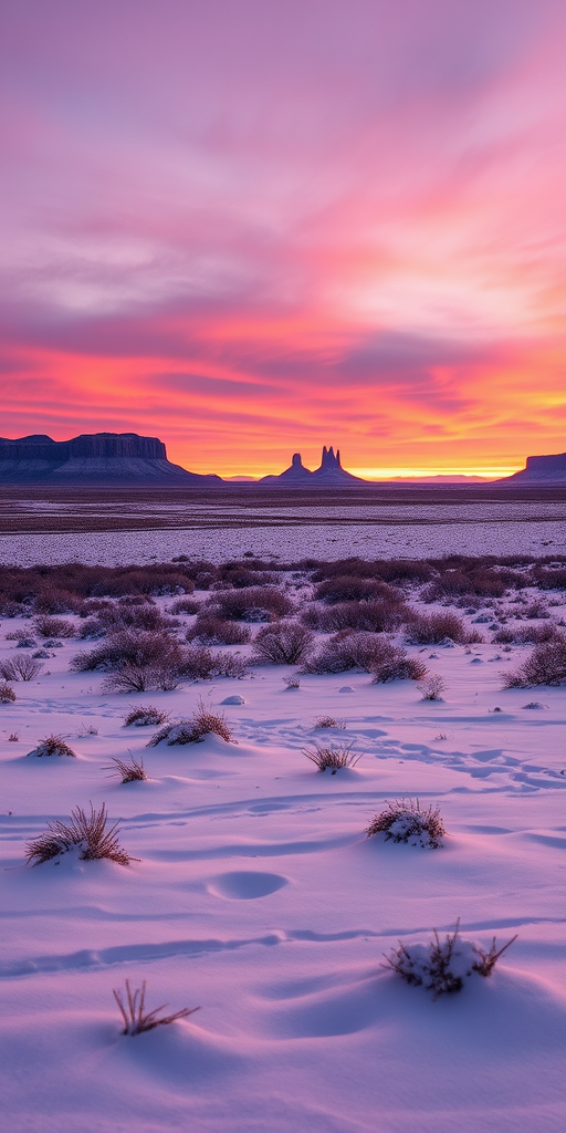 capture a serene winter landscape at dusk featuring snow-covered plains and distant mesas under a purple and orange sky, use a Canon EOS R5 with a 24-70mm lens at f/8, ISO 100, 1/125s, wide-angle view to enhance depth and detail in the foreground and background