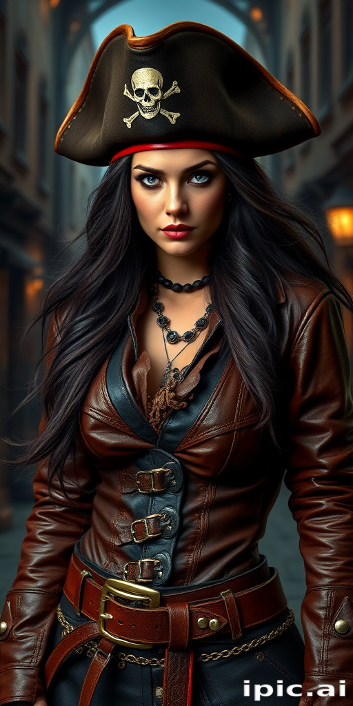 Create a portrait of a fierce female pirate. She wears a leather tricorn hat adorned with a skull and crossbones emblem, and her long, dark hair flows around her face. Her outfit consists of a richly detailed leather jacket, a corset, and multiple layers of belts and accessories, giving her a formidable and stylish appearance. She stands confidently in a dimly lit, historic port town, with a backdrop of weathered buildings and cobblestone streets, capturing the adventurous spirit of a pirate.