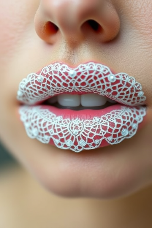 Delicate lace lips intricately detailed in pure white, featuring a semi-sheer effect that reveals the natural lip color beneath the intricate pattern