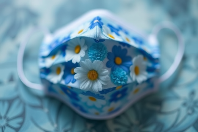 Create a high-resolution image of a blue floral face mask with a shallow depth of field, shot from a slightly low angle using a Canon EOS R5 with a 50mm f/1.8 lens at ISO 100, aperture f/2.8, and shutter speed 1/200s.
