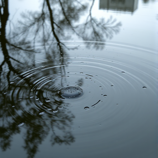 Sharp close-up of raindrops hitting the surface of a quiet pond, tiny ripples forming concentric circles, with soft reflections of overhanging trees and distant birds flying overhead.