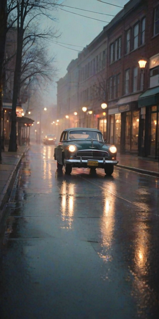 Soft-focus image of a vintage car parked on a quiet street at dusk, soft evening light reflecting off the polished chrome, with distant street lamps and storefronts barely visible through the gentle mist.