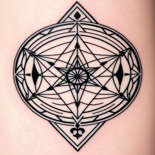 Geometric blackwork tattoo named "Sacred Geometry" featuring precise line work and solid black shapes forming complex patterns inspired by mathematical principles and spiritual symbolism