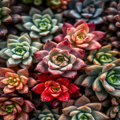 close-up shot of various succulent plants with vibrant colors and textures, natural lighting, shallow depth of field, 50mm lens, f/2.8 aperture, ISO 100, taken with a DSLR camera from a top-down perspective