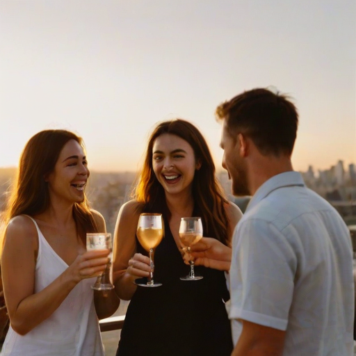 Blurry candid shot of a group of friends laughing and toasting drinks at a rooftop bar, soft golden light from the setting sun casting long shadows, with a vibrant city skyline barely visible in the background.