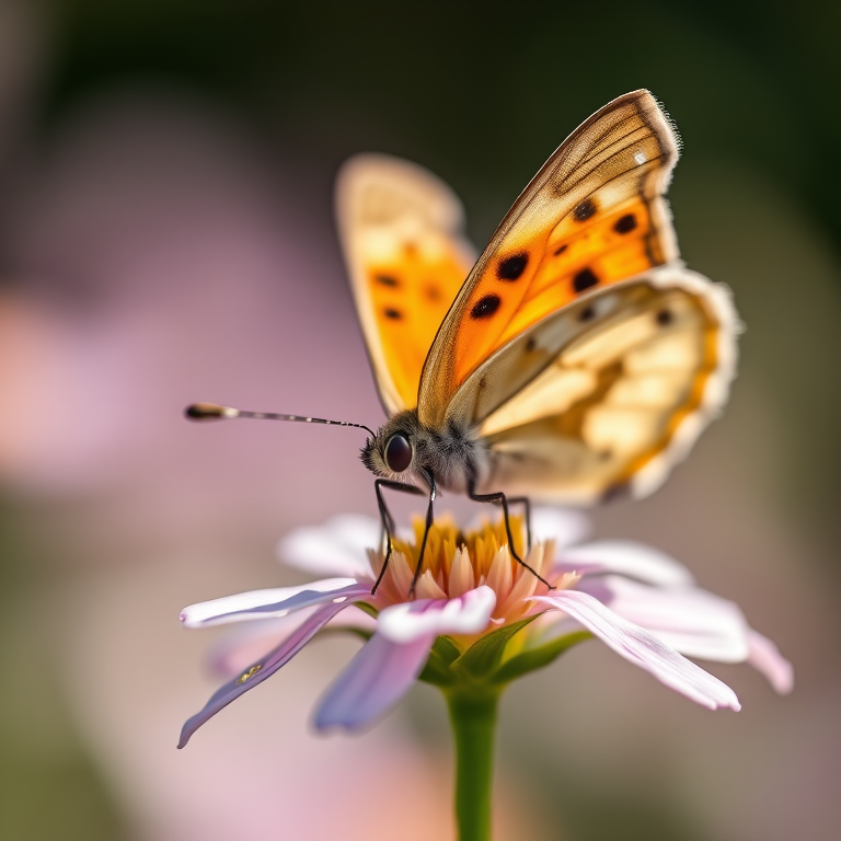 capture a close-up of a butterfly on a flower with shallow depth of field at f/2.8, 1/500s shutter speed, ISO 100, 50mm macro lens, soft natural lighting, in-focus subject with blurred background