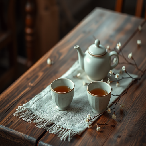 a rustic wooden table with a textured cloth, a small teapot, two ceramic teacups, and delicate flower twigs, with a natural, warm lighting ambiance