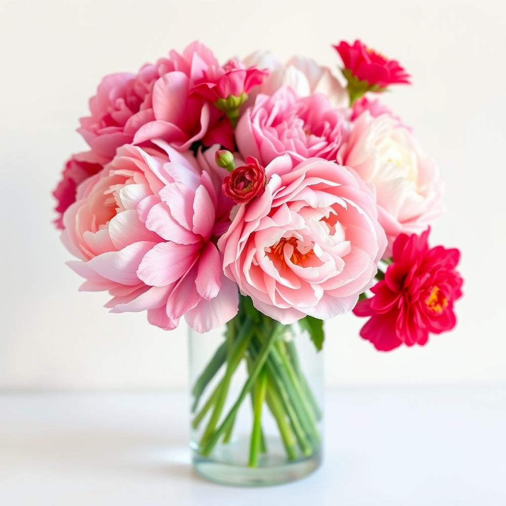 generate a vibrant watercolor painting of peonies and carnations in a clear glass vase on a soft white background, using a DSLR camera with a 50mm lens, aperture set to f/1.8 for a shallow depth of field, natural lighting for soft highlights, and a vibrant color profile to enhance the floral details