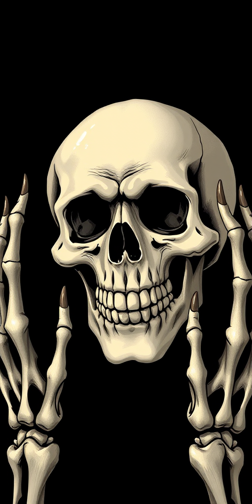 Create a high-resolution digital illustration of a skull with a cheerful expression, surrounded by skeletal hands, set against a black background, using a 50mm lens, f/2.8 aperture, and a soft-focus effect to enhance detail and depth.
