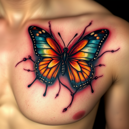 Realistic 3D tattoo entitled "Living Canvas" depicting a hyper-realistic butterfly emerging from the skin, complete with lifelike textures, shadows, and depth, suitable for shoulder or chest placement