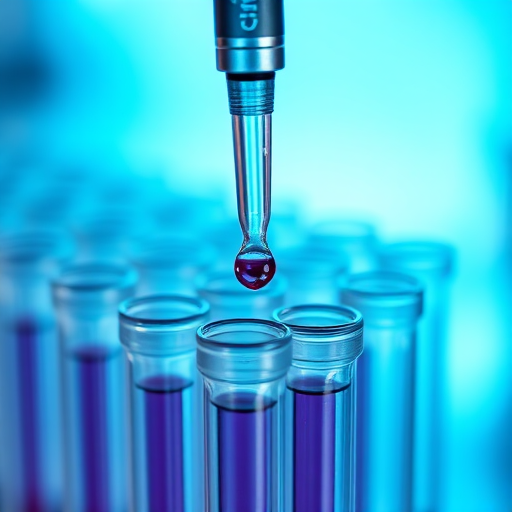 macro shot of pipette dropping liquid into microcentrifuge tubes with a blue background, aperture f/2.8, shutter speed 1/200s, ISO 100, taken with a DSLR camera in a bright lab environment