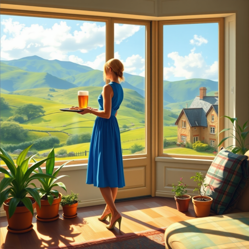 In "A Glass of Beer on the Highland," a serene scene is depicted in a sunlit room where a woman in a vibrant blue dress stands by a large window. She holds a tray with a hearty meal and a frothy glass of beer, embodying a moment of relaxation. Outside, the breathtaking highland landscape features rolling green hills and a charming traditional house, all bathed in warm afternoon light. The interior is adorned with potted plants, creating a harmonious blend of comfort and nature. The painting beautifully captures the tranquility and joy found in simple pleasures amidst stunning scenery