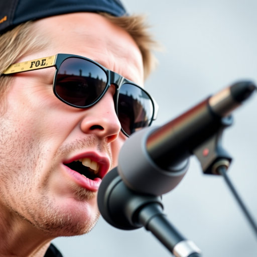 Close-up shot of a male musician singing into a microphone, wearing sunglasses and a cap, natural light, f/2.8 aperture, ISO 100, 1/500 sec shutter speed, taken with a DSLR camera in a concert setting.