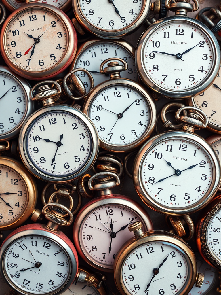 Create a high-resolution image of overlapping vintage stopwatches in various pastel colors, with a focus on detailed textures, captured using a DSLR camera at f/8 aperture, ISO 100, 50mm lens, natural lighting, and a top-down view for depth.