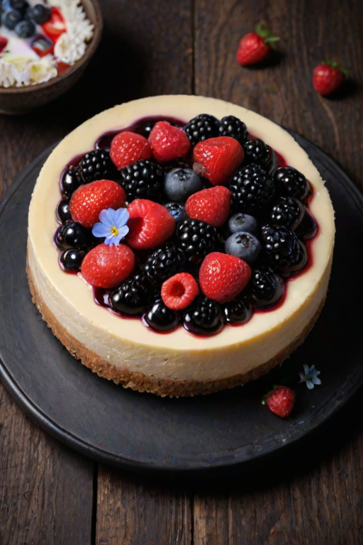 Create an image of a round cheesecake topped with an assortment of fresh berries, including blackberries and blueberries, along with small edible flowers. The cheesecake has a glossy berry glaze on top and is set on a rustic wooden surface against a dark background.