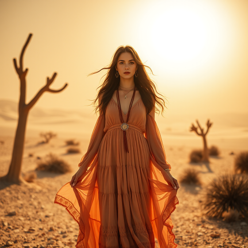Desert setting, bohemian model, flowy dresses, earthy tones, rustic sunset effect,  equipped with a 12mm lens to capture an overhead view of the model, emphasizing symmetry and spatial positioning